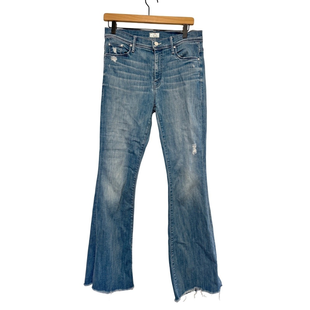 Mother The Weekender Fray Jeans Graffiti Girl Blue Distressed Flare Size 29